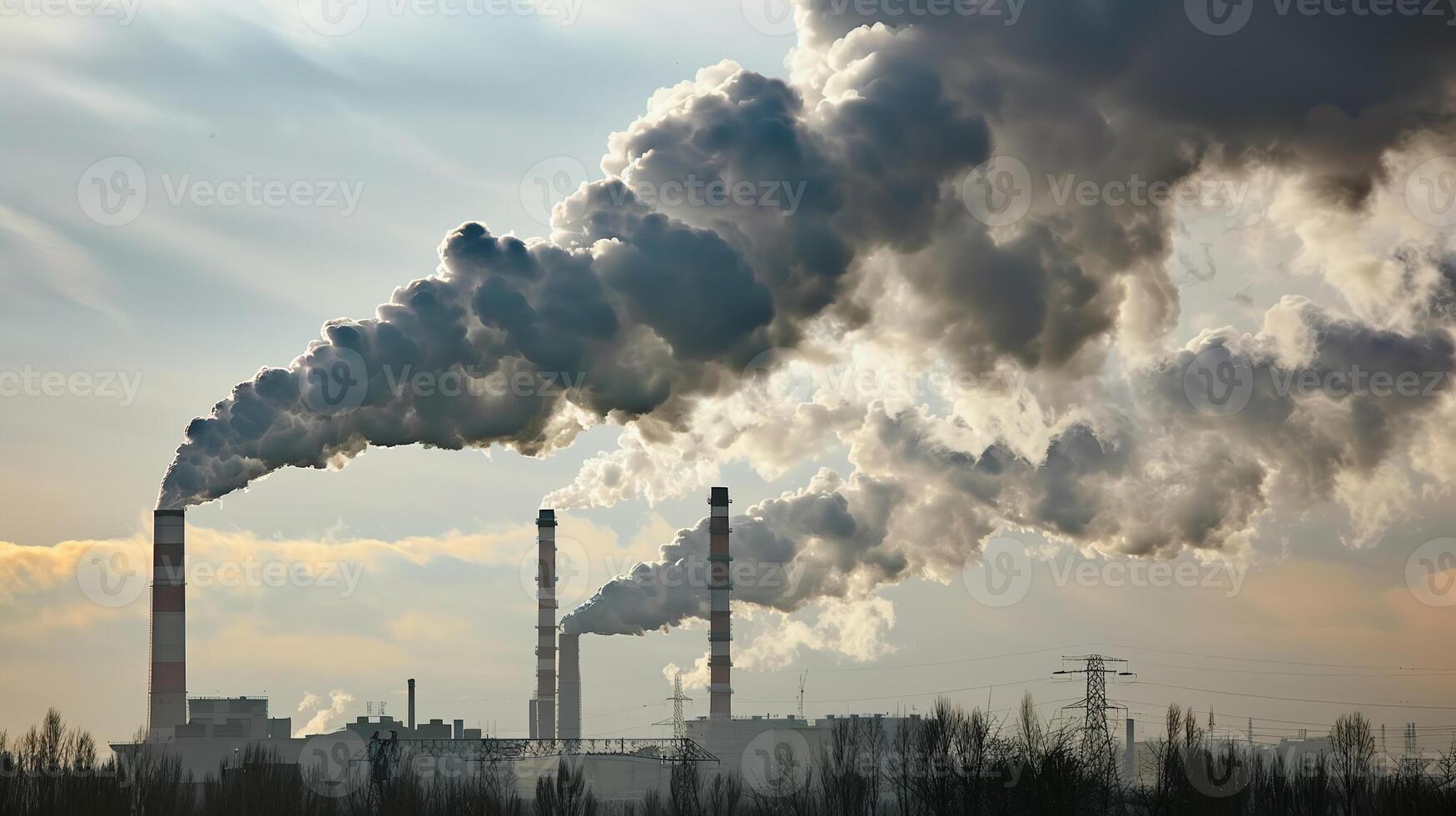 A coal-fired power plant emitting thick plumes of smoke and greenhouse gases, representing the contribution of fossil fuel combustion to global warming. Climate change photo