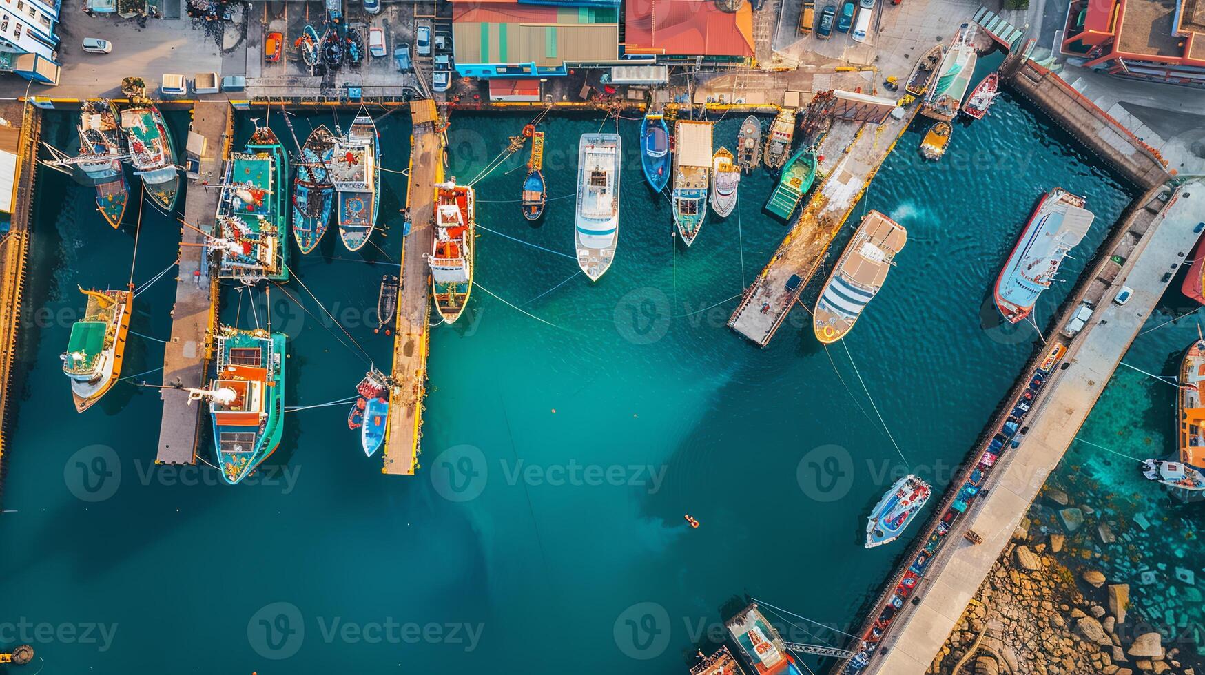 A bustling harbor filled with boats and ships docked at piers equipped with tidal turbines, harnessing the power of ocean tides for renewable energy production. Renewable energy sources photo