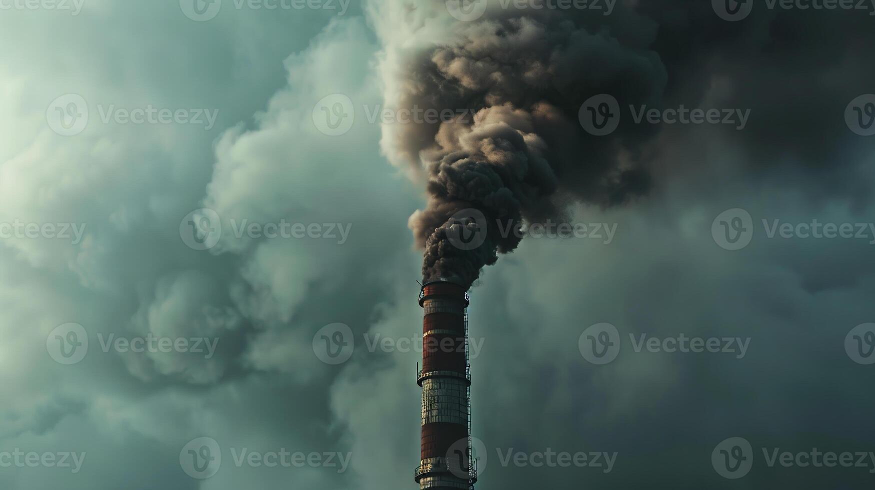 A close-up view of a factory chimney emitting black smoke and particulate matter, representing the emissions of harmful pollutants into the atmosphere. Air pollution bad ecology photo