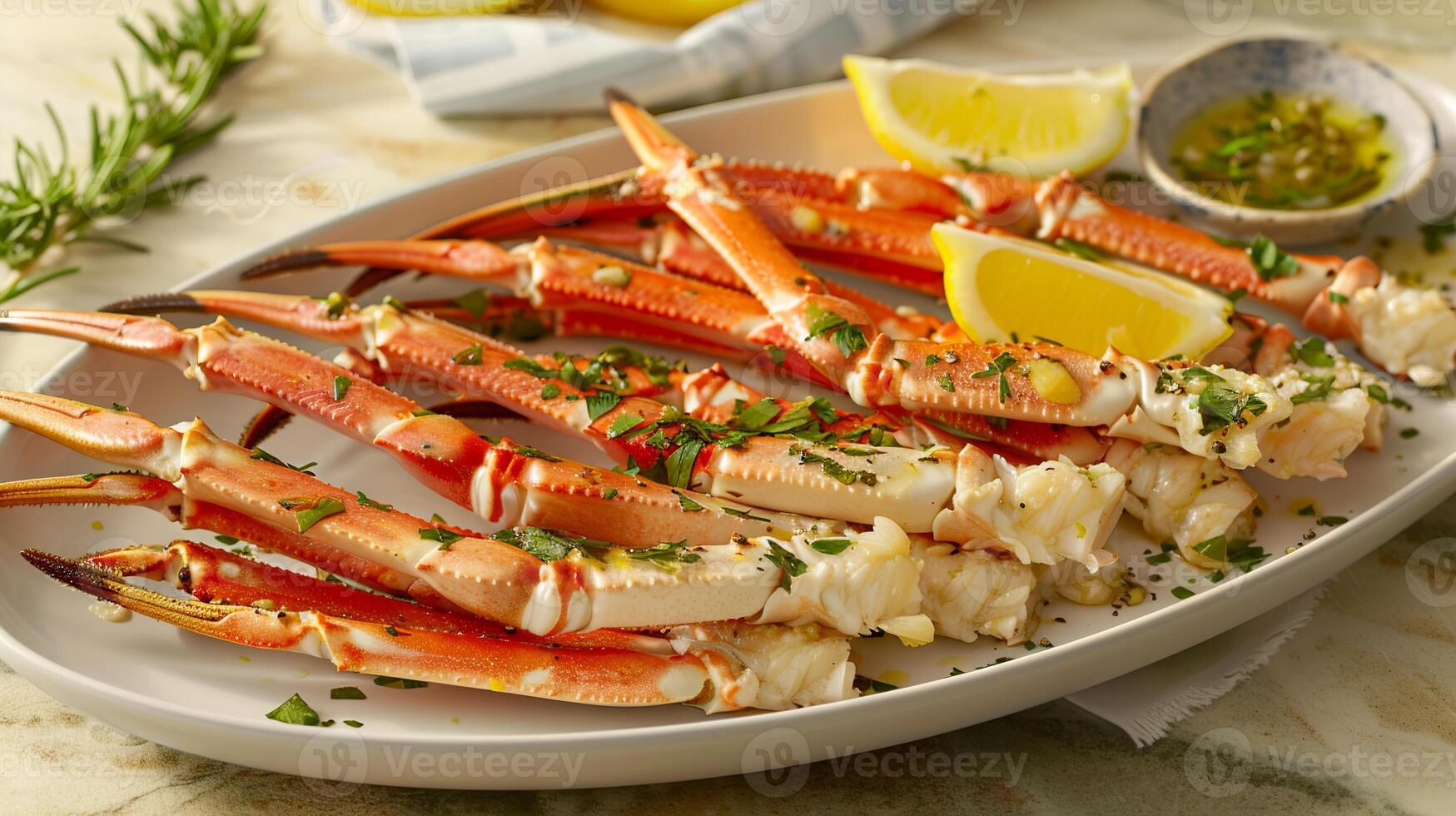 Steamed Dungeness crab legs served with drawn butter and lemon wedges on a platter. photo