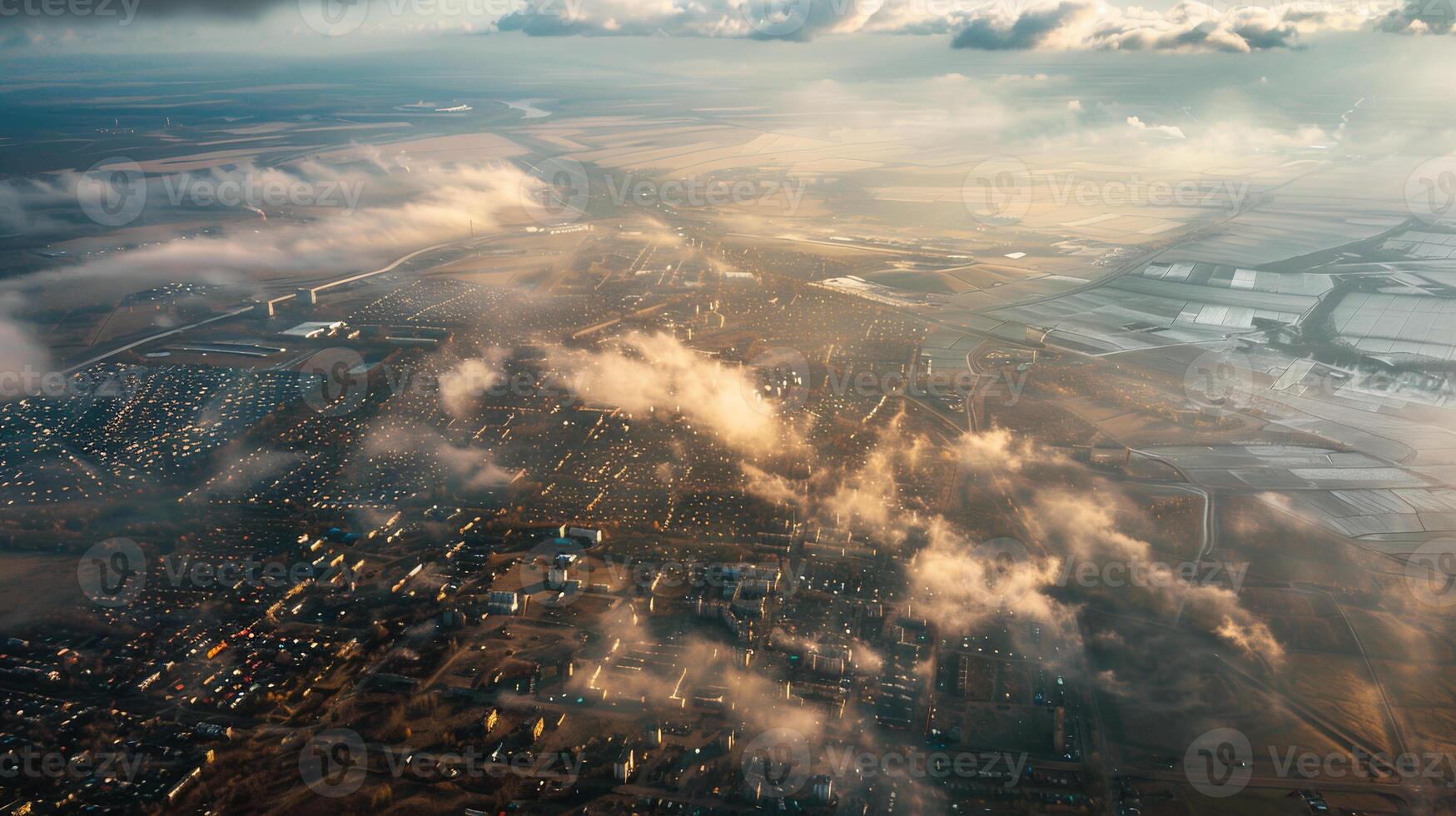 A bird's-eye view of a city with air pollution dispersing into surrounding rural areas, demonstrating the long-range transport of pollutants beyond urban centers. Air pollution bad ecology photo