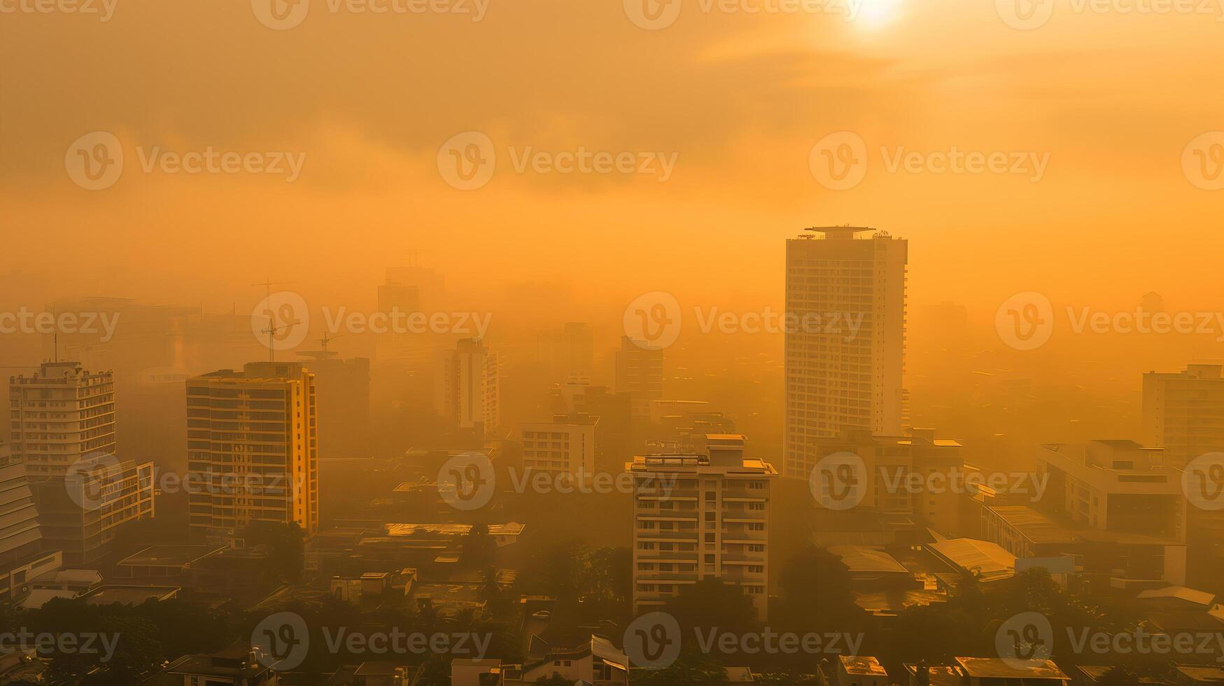 A cityscape shrouded in a yellowish-brown haze of air pollution, highlighting the health risks associated with poor air quality. Air pollution bad ecology photo