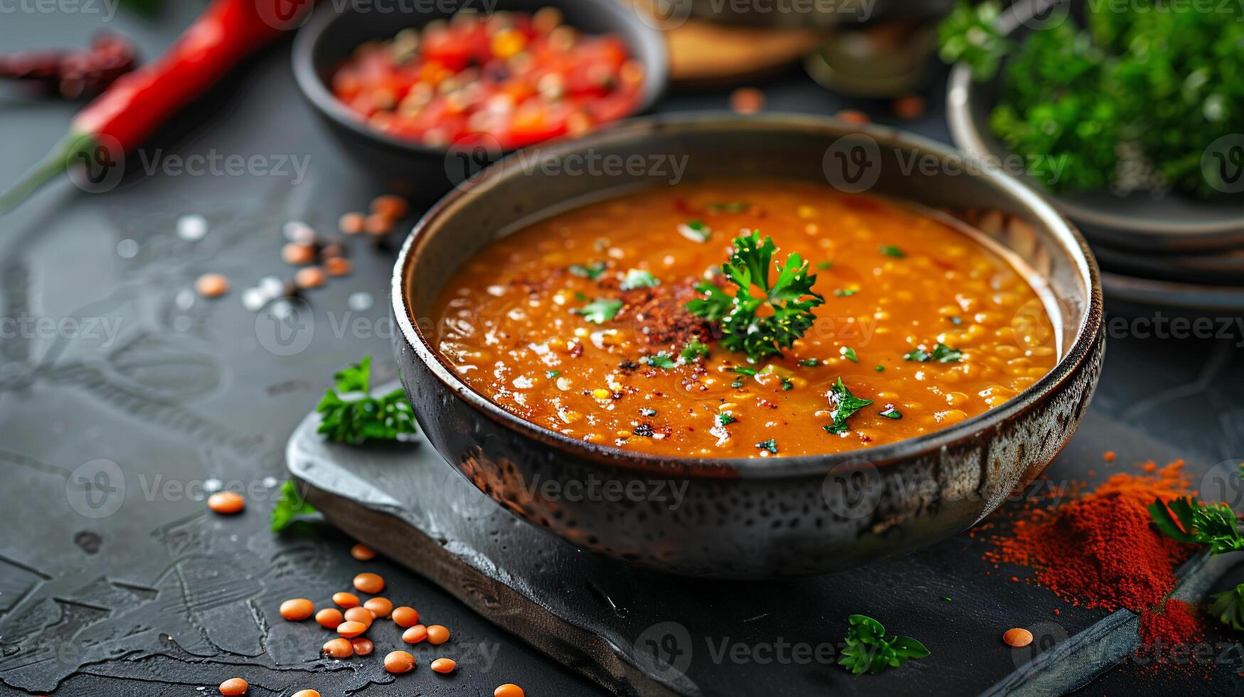 Turkish red lentil soup with red lentils, tomatoes, and spices in a bowl. photo