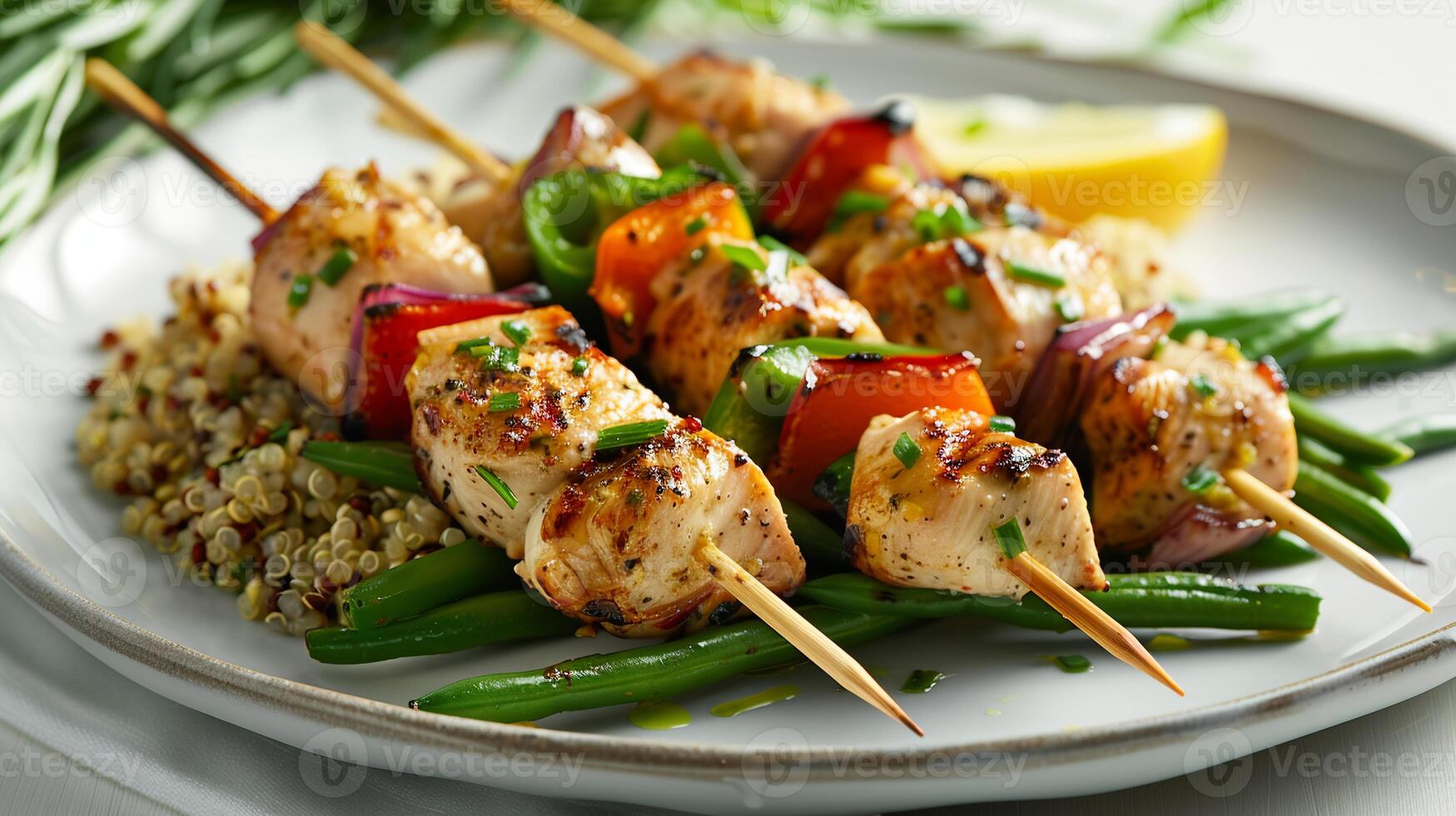 Turkey and vegetable skewers served with a side of quinoa and steamed green beans. photo