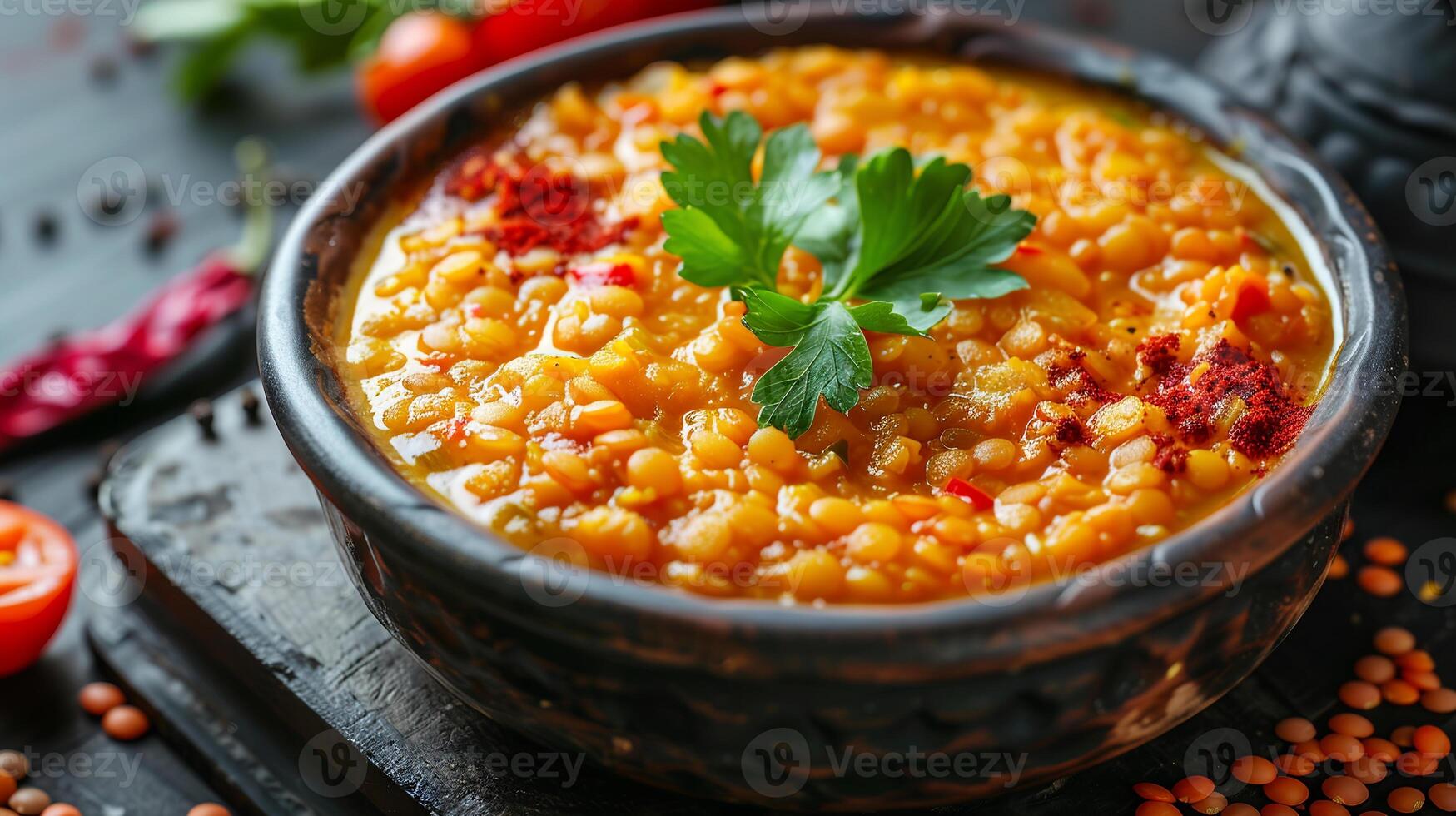 Turkish red lentil soup with red lentils, tomatoes, and spices in a bowl. photo
