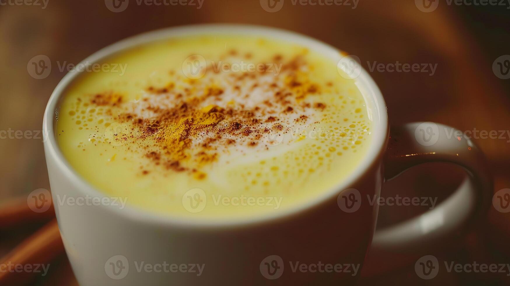 Turmeric golden milk latte in a mug with a sprinkle of cinnamon on top. photo