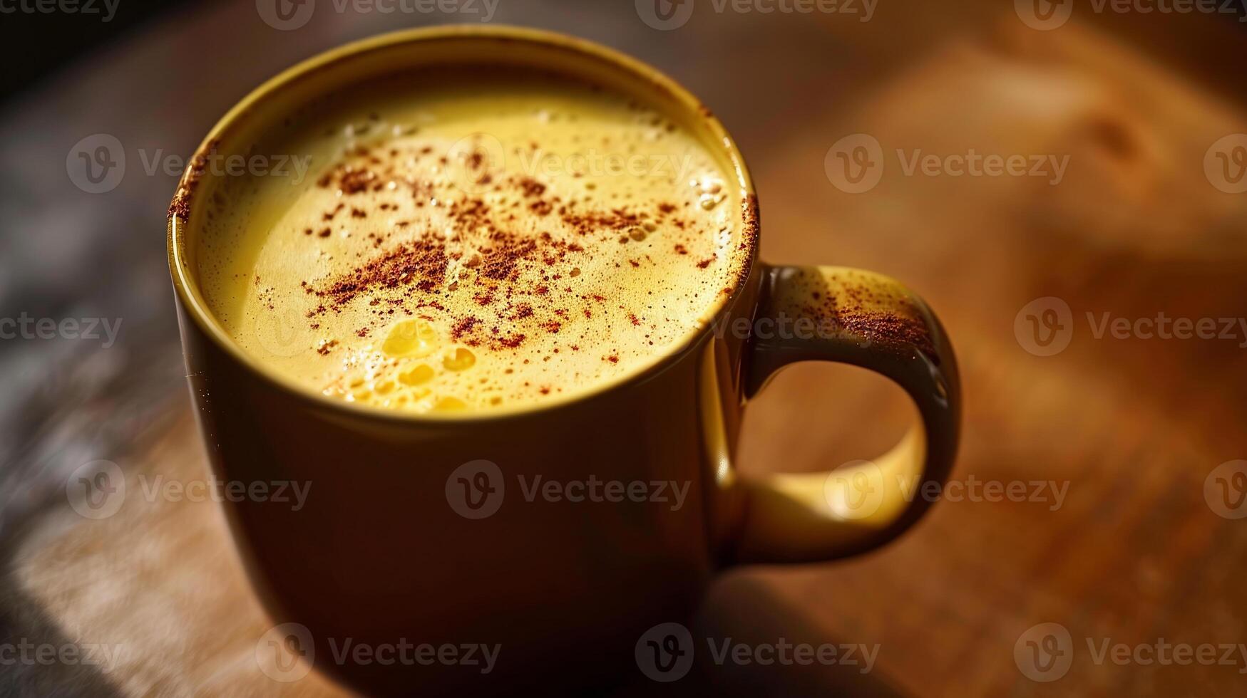 Turmeric golden milk latte in a mug with a sprinkle of cinnamon on top. photo