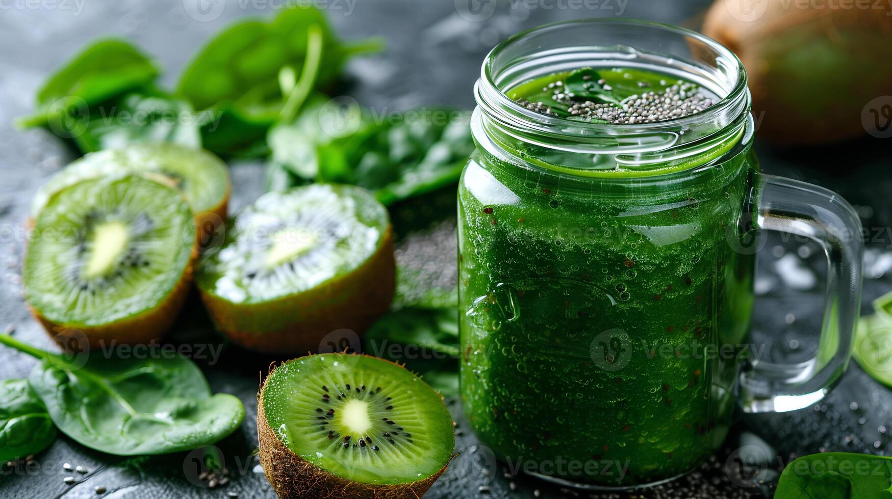 Spinach and kiwi detox smoothie with coconut water in a mason jar. photo