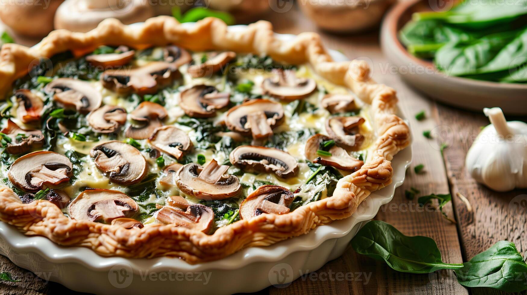 Spinach and mushroom quiche with a flaky pastry crust, served in a pie dish. photo