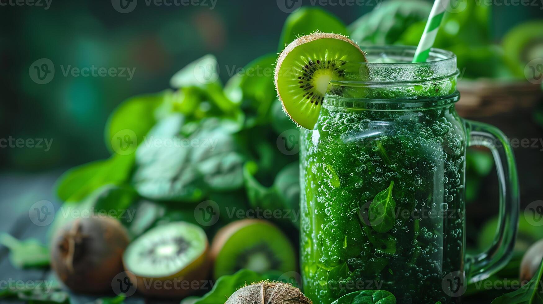 Spinach and kiwi detox smoothie with coconut water in a mason jar. photo