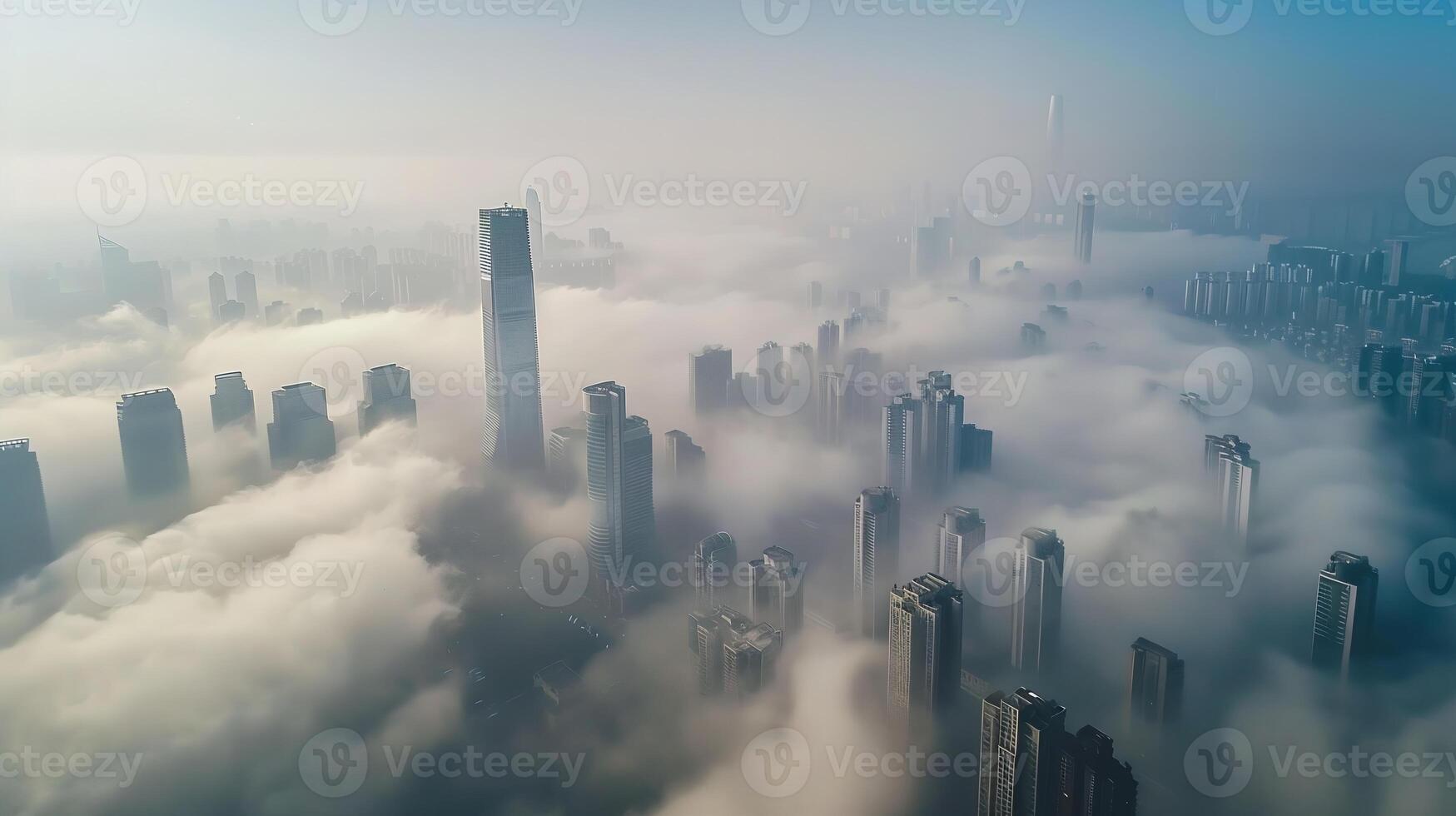 Aerial view of a megacity engulfed in a thick layer of smog, emphasizing the scale and severity of air pollution in densely populated urban areas. Air pollution bad ecology photo