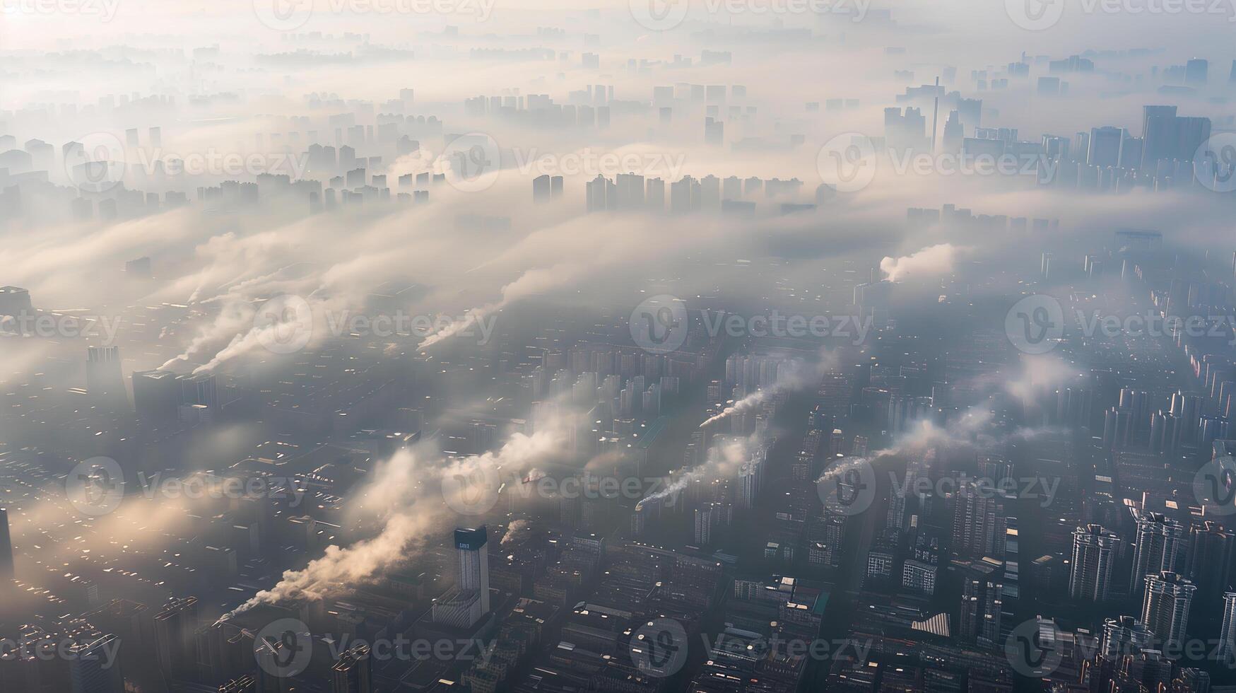 Aerial view of urban sprawl with a visible layer of smog blanketing the entire city, showing the widespread nature of air pollution in urban areas. Air pollution bad ecology photo