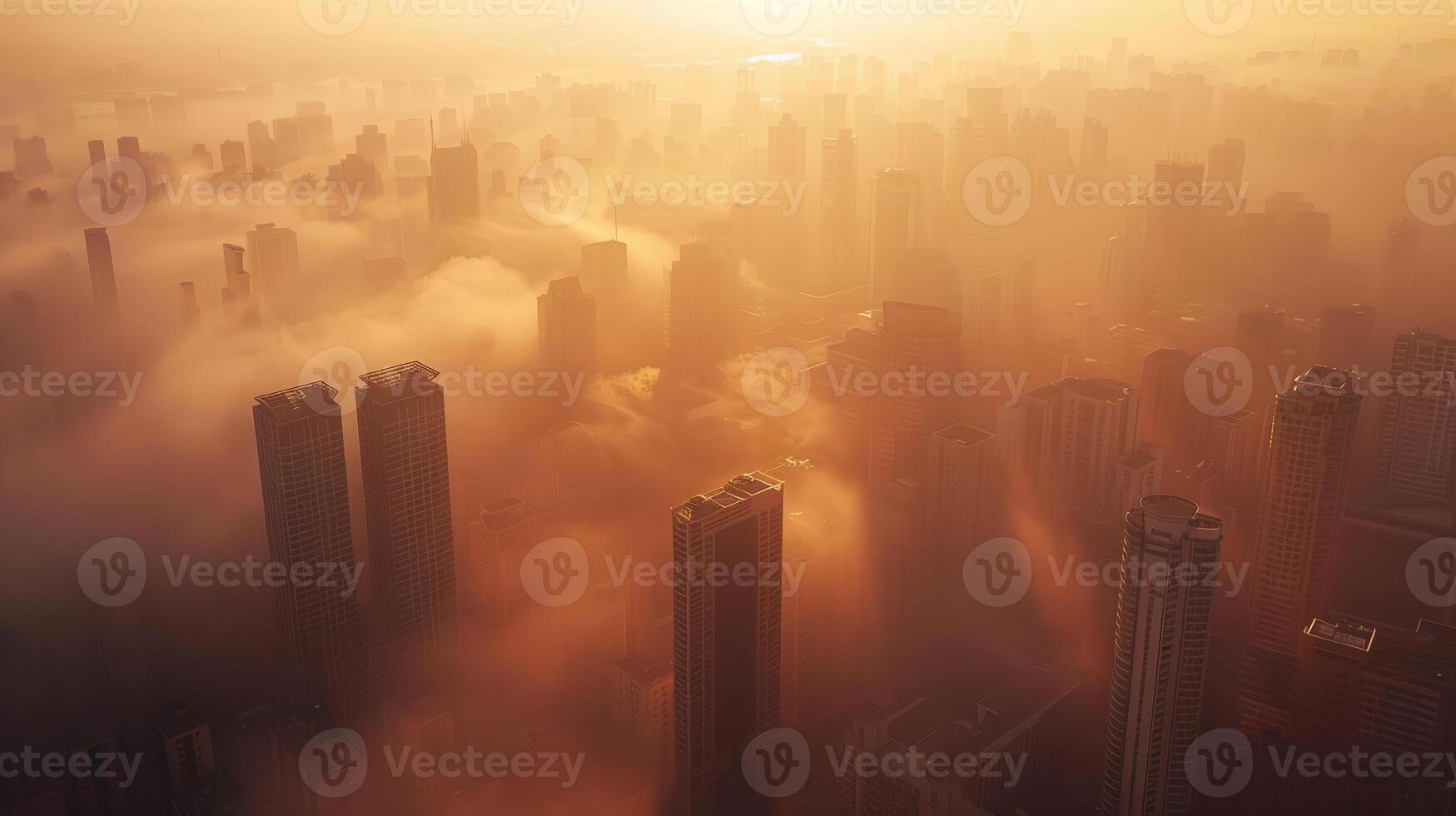 Aerial view of a megacity engulfed in a thick layer of smog, emphasizing the scale and severity of air pollution in densely populated urban areas. Air pollution bad ecology photo