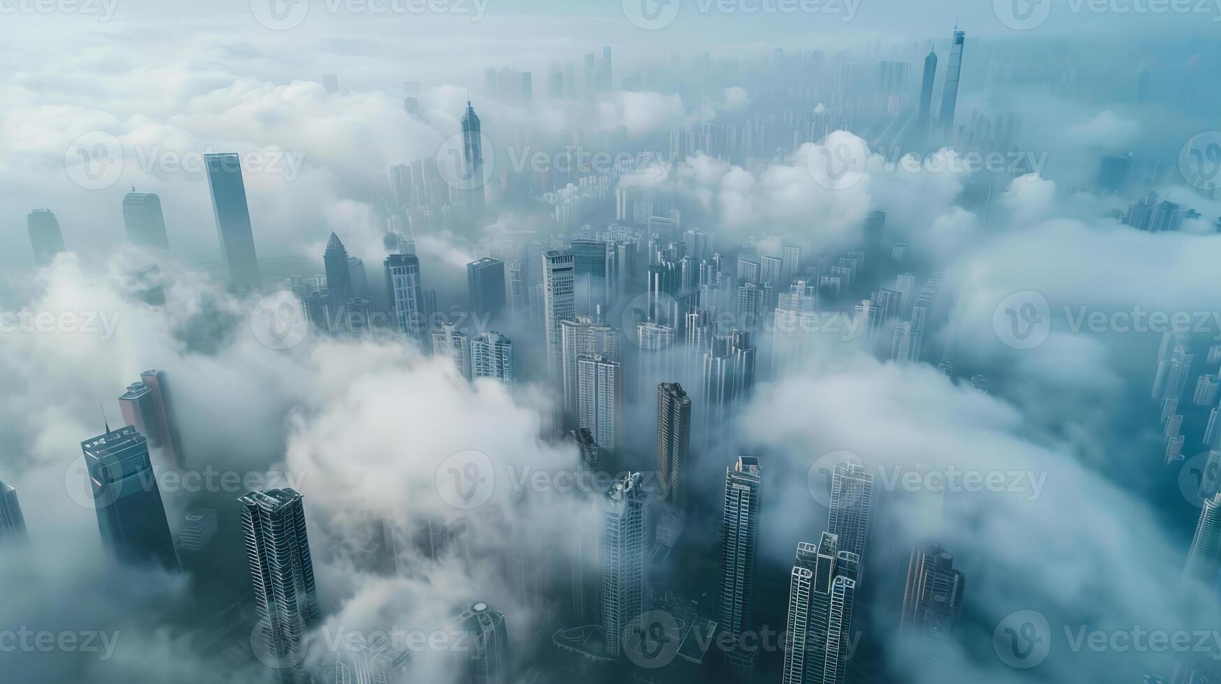 Aerial view of a megacity engulfed in a thick layer of smog, emphasizing the scale and severity of air pollution in densely populated urban areas. Air pollution bad ecology photo