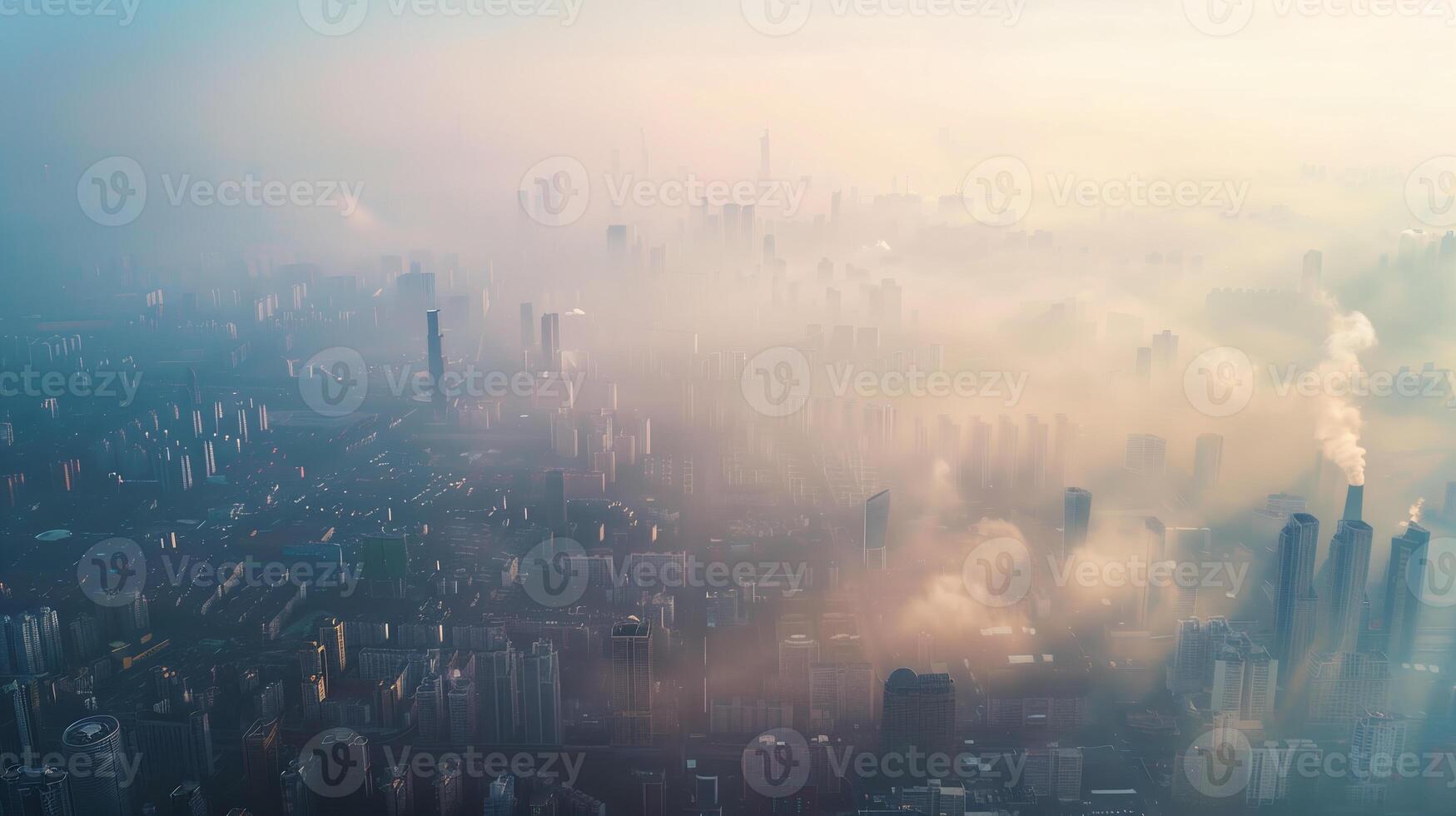 Aerial view of urban sprawl with a visible layer of smog blanketing the entire city, showing the widespread nature of air pollution in urban areas. Air pollution bad ecology photo