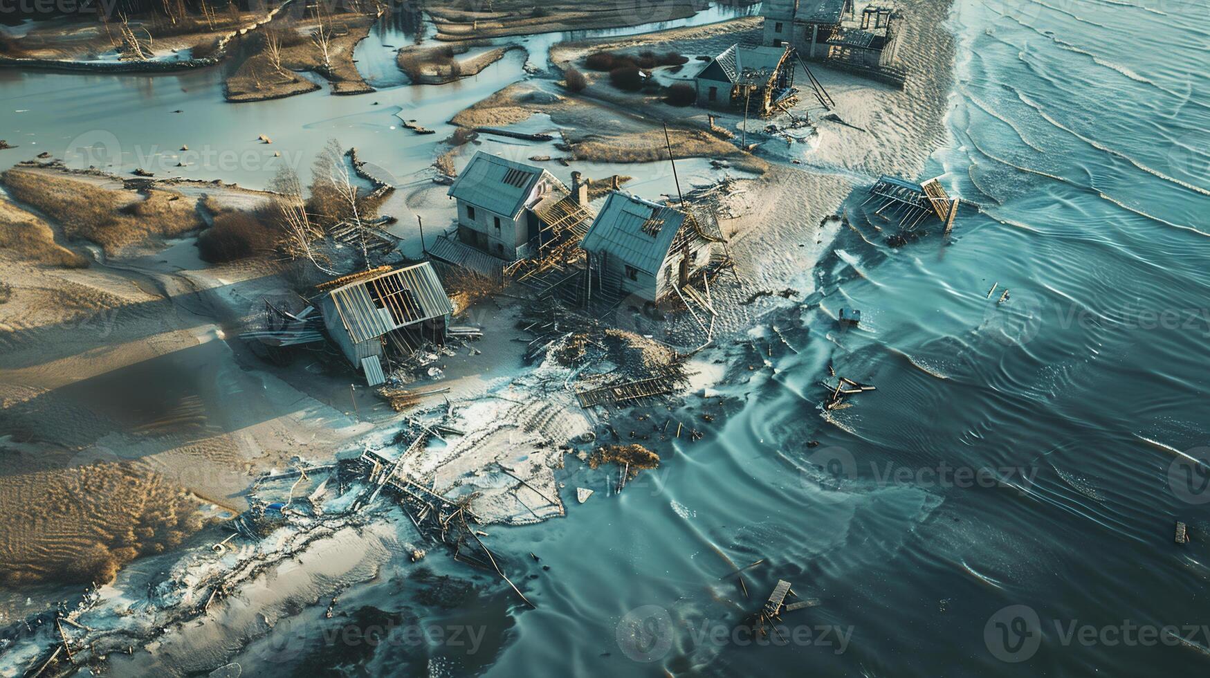 An abandoned coastal village swallowed by rising sea levels, illustrating the threat of coastal erosion and inundation due to climate change-induced sea level rise. Climate change photo