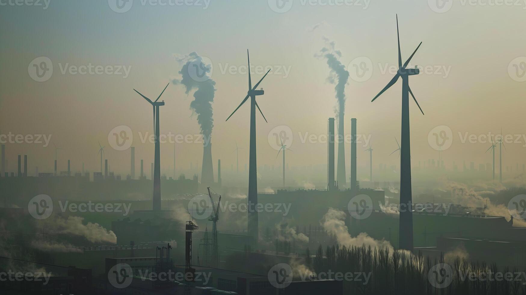 A wind turbine farm against a backdrop of smog-filled skies, representing the transition to renewable energy as a solution to mitigate climate change. Climate change photo