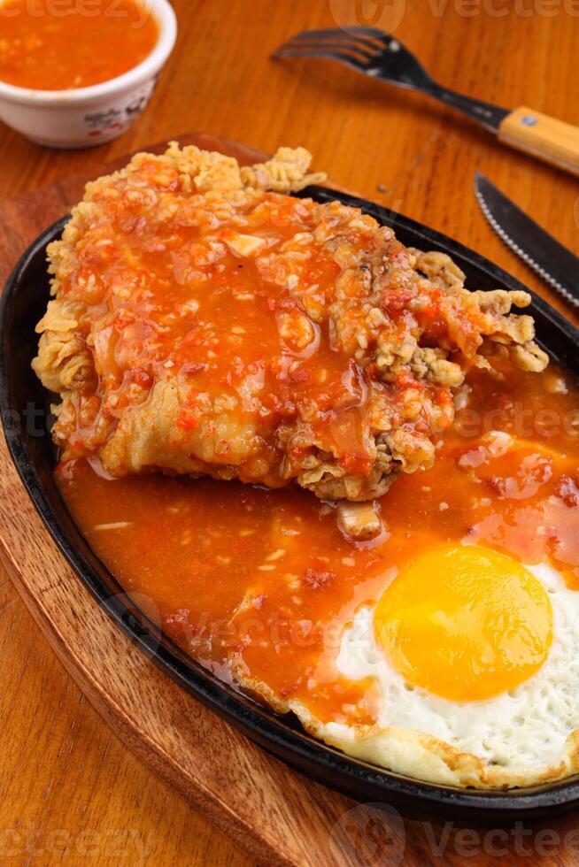 chicken egg crispy steak with barbeque sauce photo