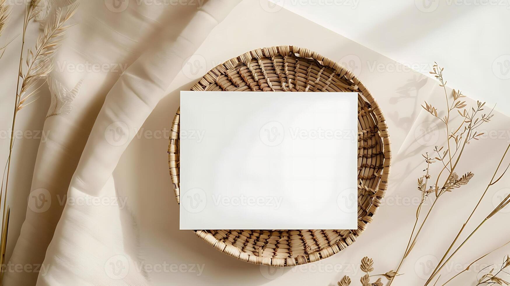 Blank white card on woven basket with dried plants mockup photo