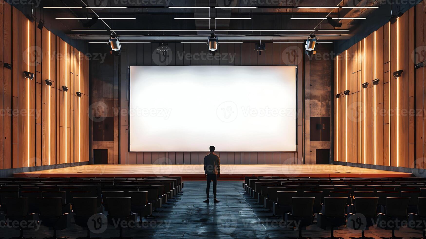 Person in an empty modern auditorium with a large blank screen mockup photo