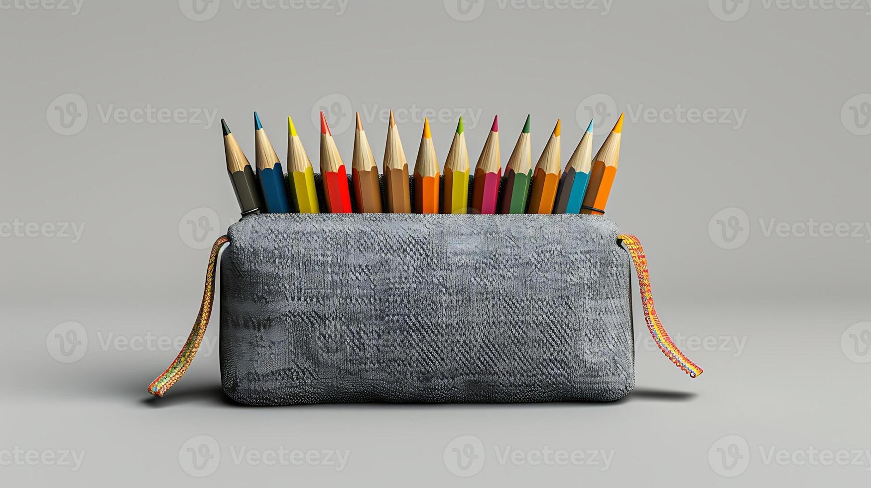 Pencil case with colorful pencils in empty studio room photo
