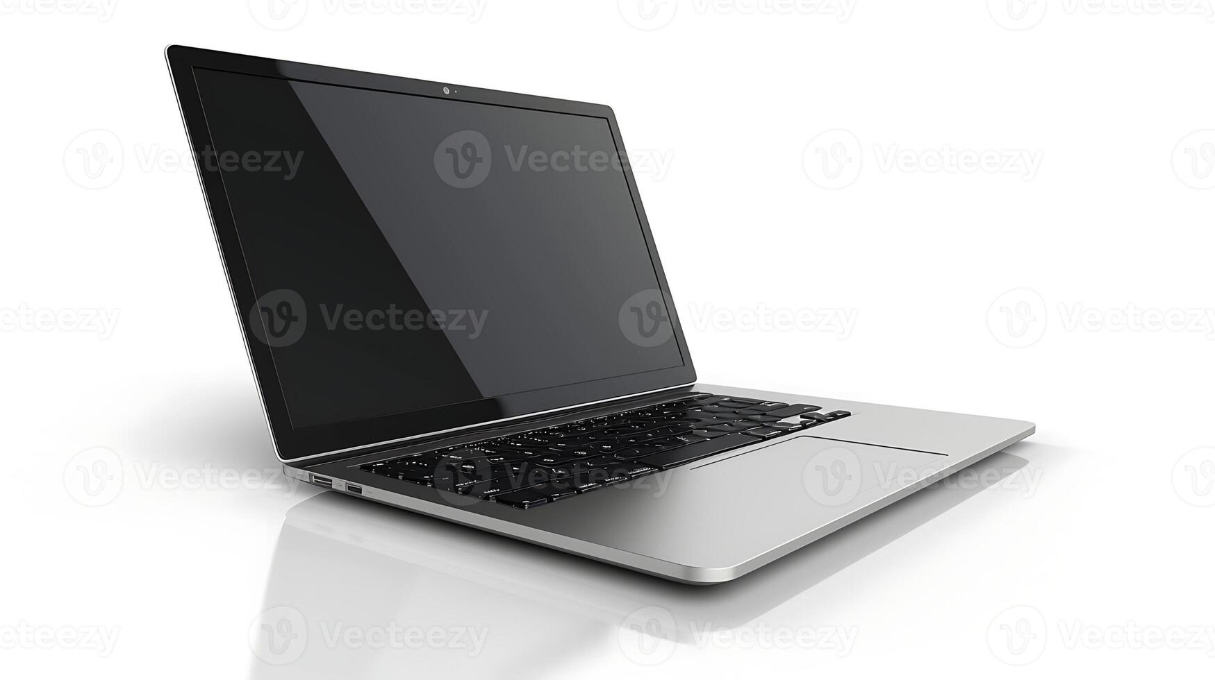 Sleek silver laptop with black keyboard on white background mockup photo