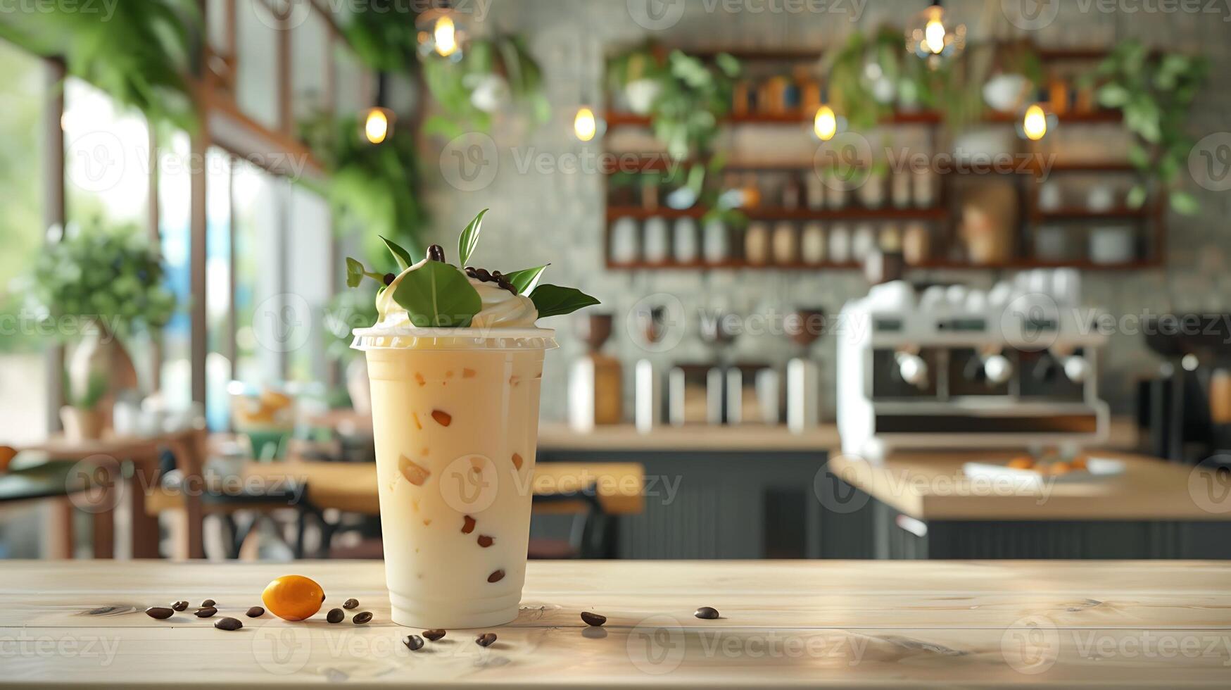 Iced coffee with whipped cream in a cozy cafe photo