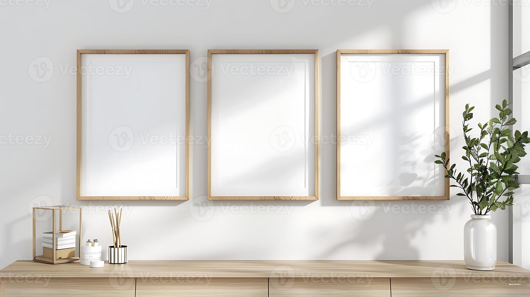 multiple blank picture frames wall art posters on a wooden shelf with decorative items mockup photo