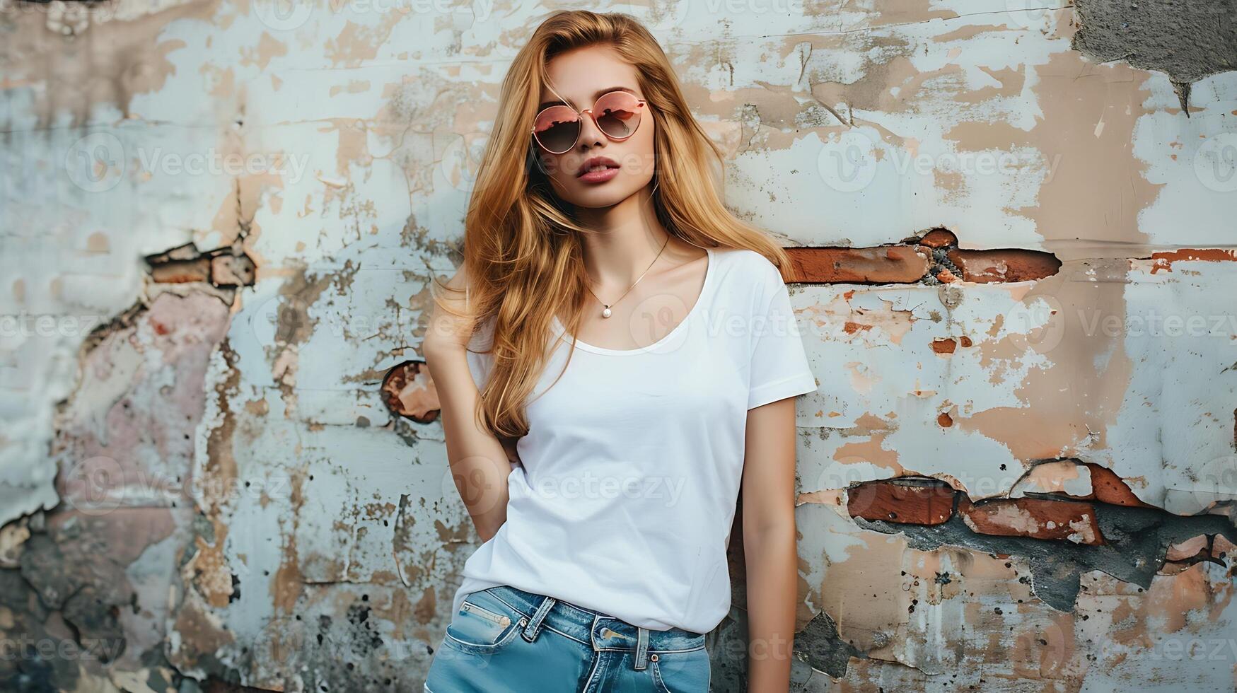 Fashionable woman posing against rustic wall with blank white t shirt mockup photo