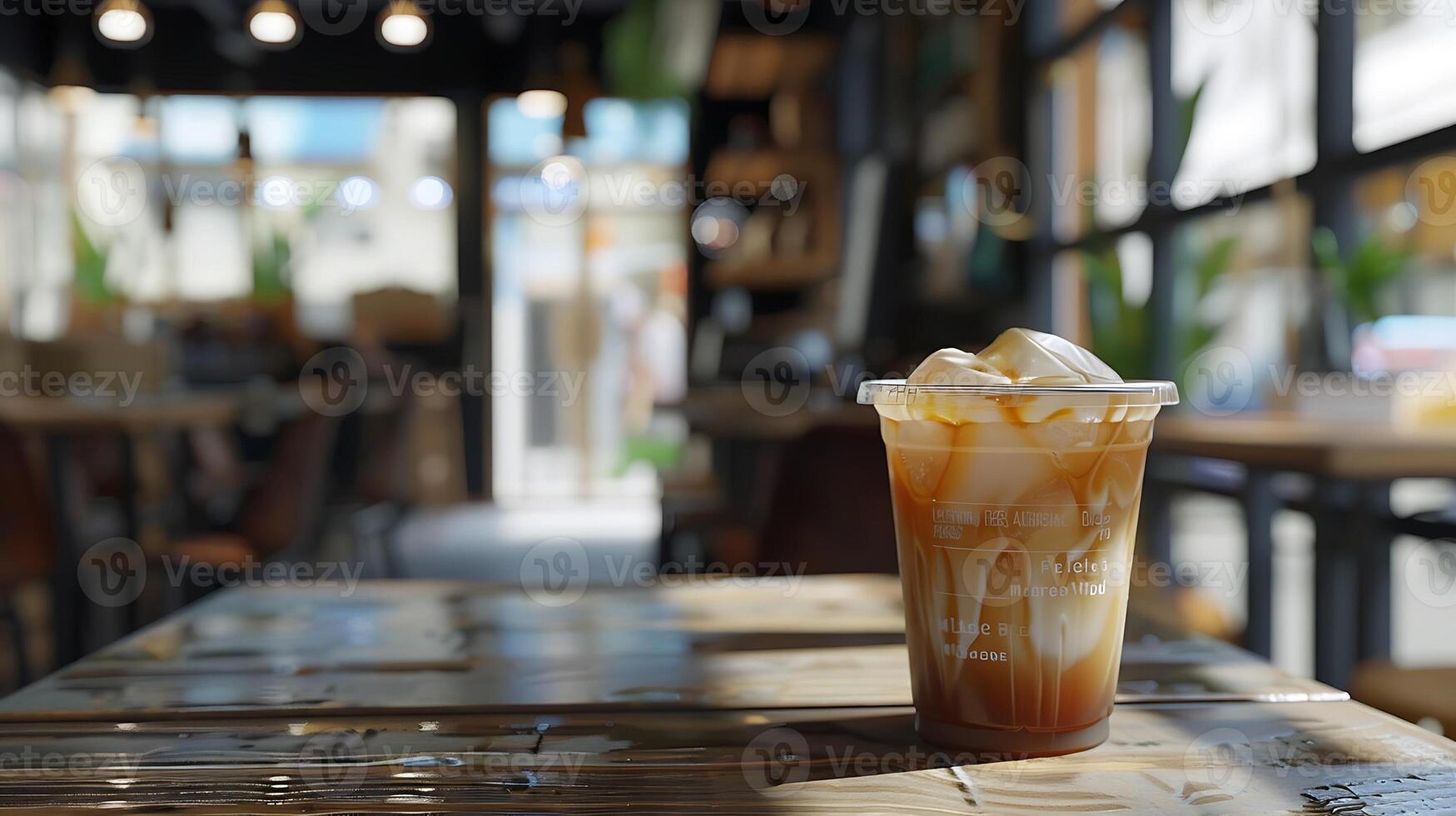 Iced coffee with caramel in a modern cafe mockup photo