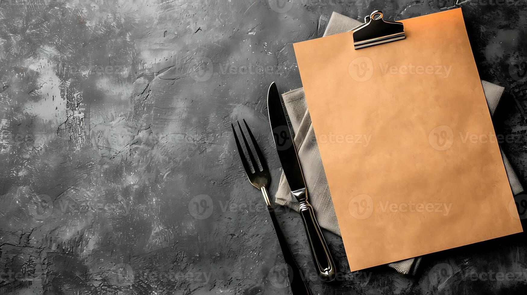 Blank clipboard with cutlery on dark textured surface mockup photo