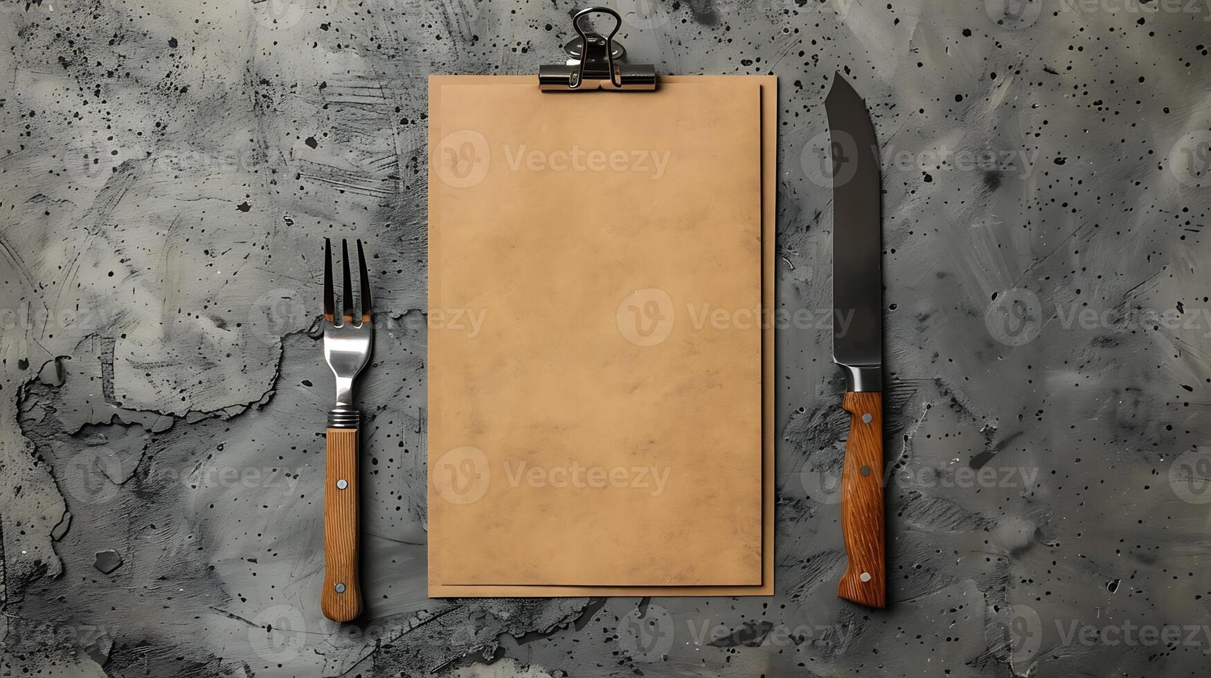 Clipboard with blank menu and cutlery on textured surface mockup photo