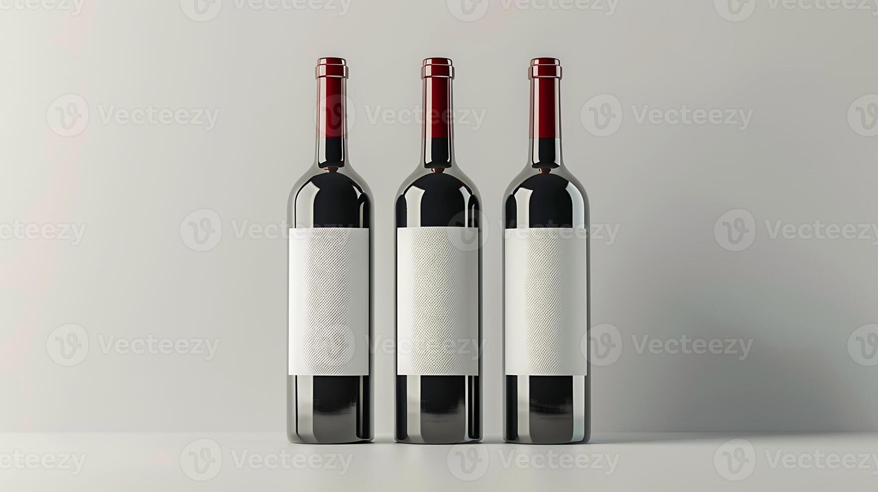 Three wine bottles with blank labels mockup white background photo