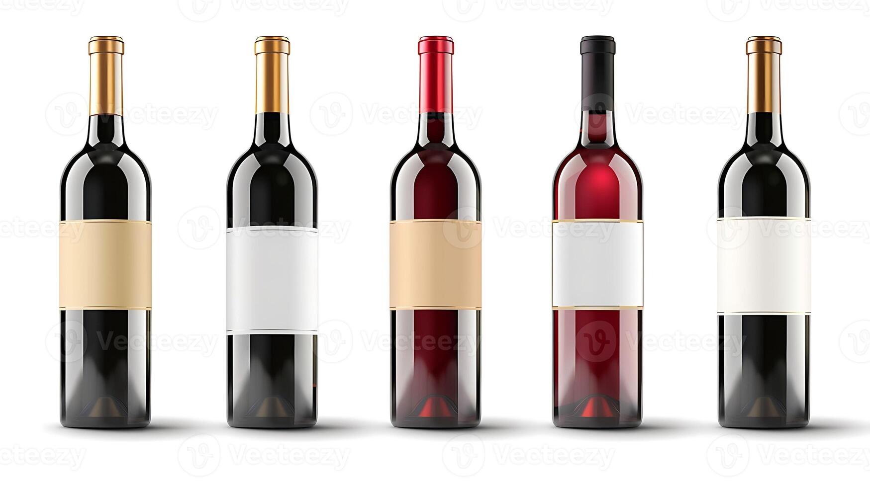 Five different colored wine bottles with blank labels in a row mockup white background studio photo