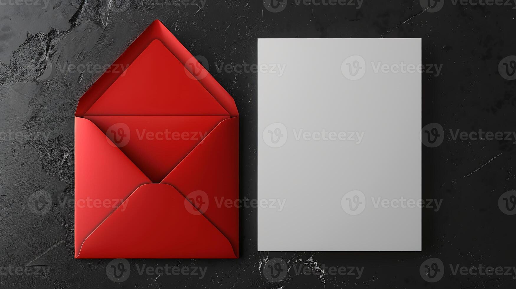 A red envelope partially open with a blank white sheet of paper next to it, placed on a dark textured surface mockup photo