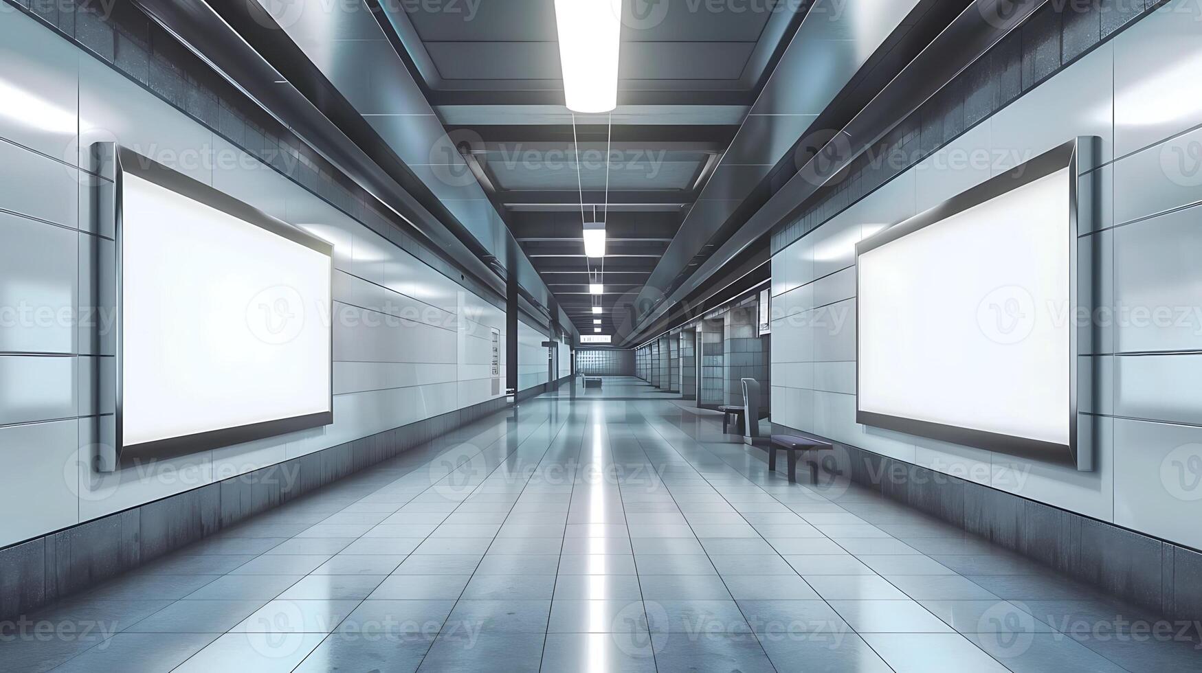 Modern empty corridor with illuminated advertisement boards mockup photo