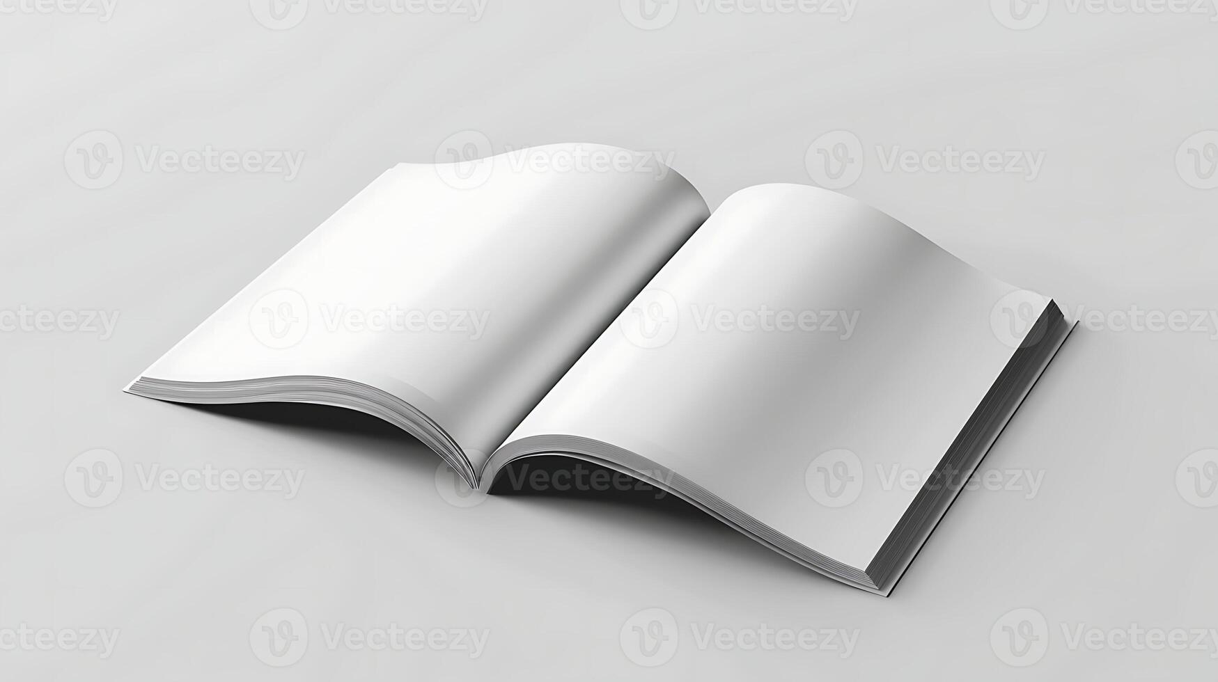 Open blank mockup magazine with white pages in white studio photo