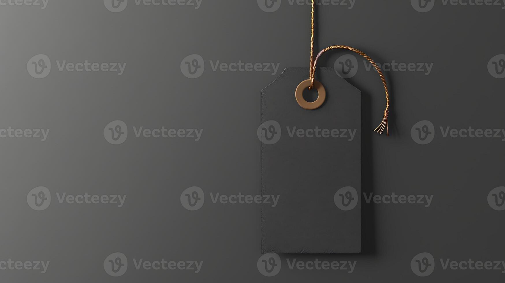 Black blank price tag with golden string black background mockup photo