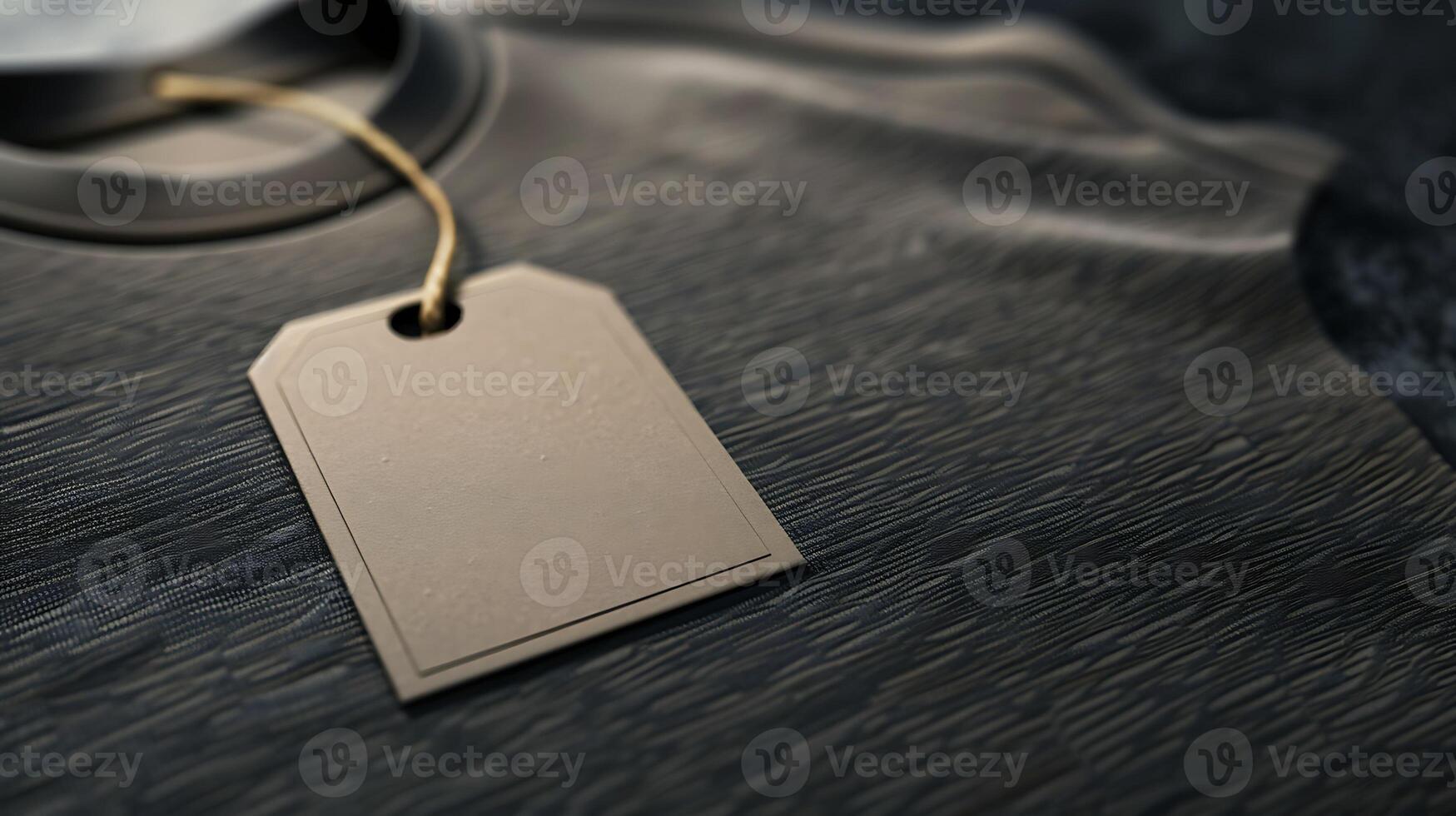Blank grey tag on textured fabric close-up mockup photo