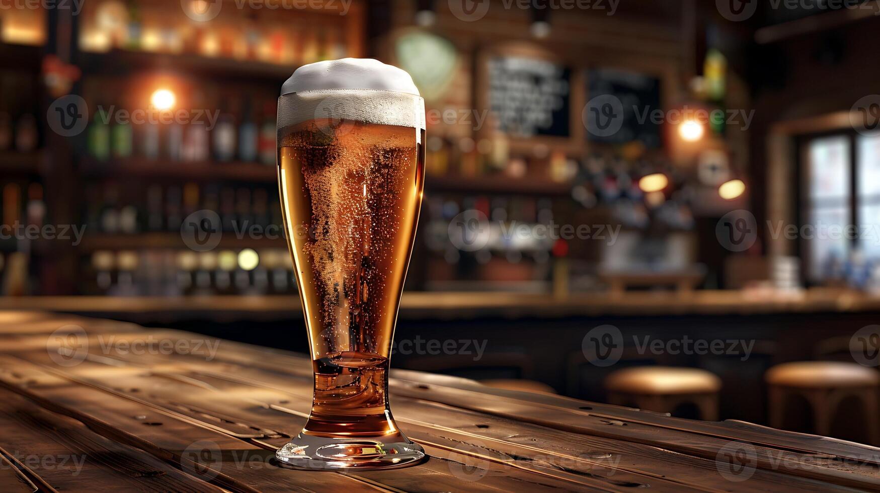 Tall glass of beer on a wooden bar counter in a cozy pub photo