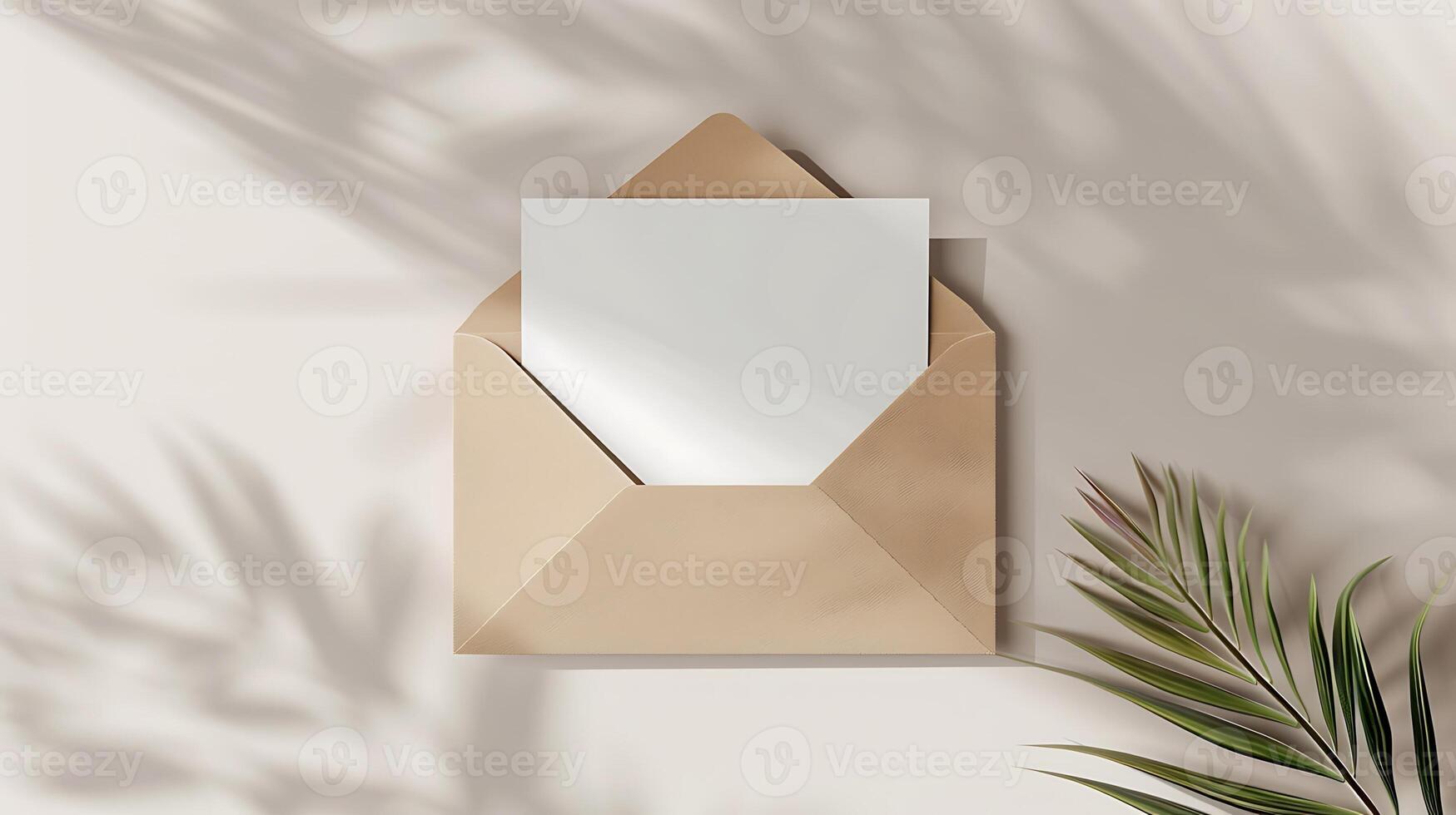 Open brown envelope with blank white card on marble surface mockup photo