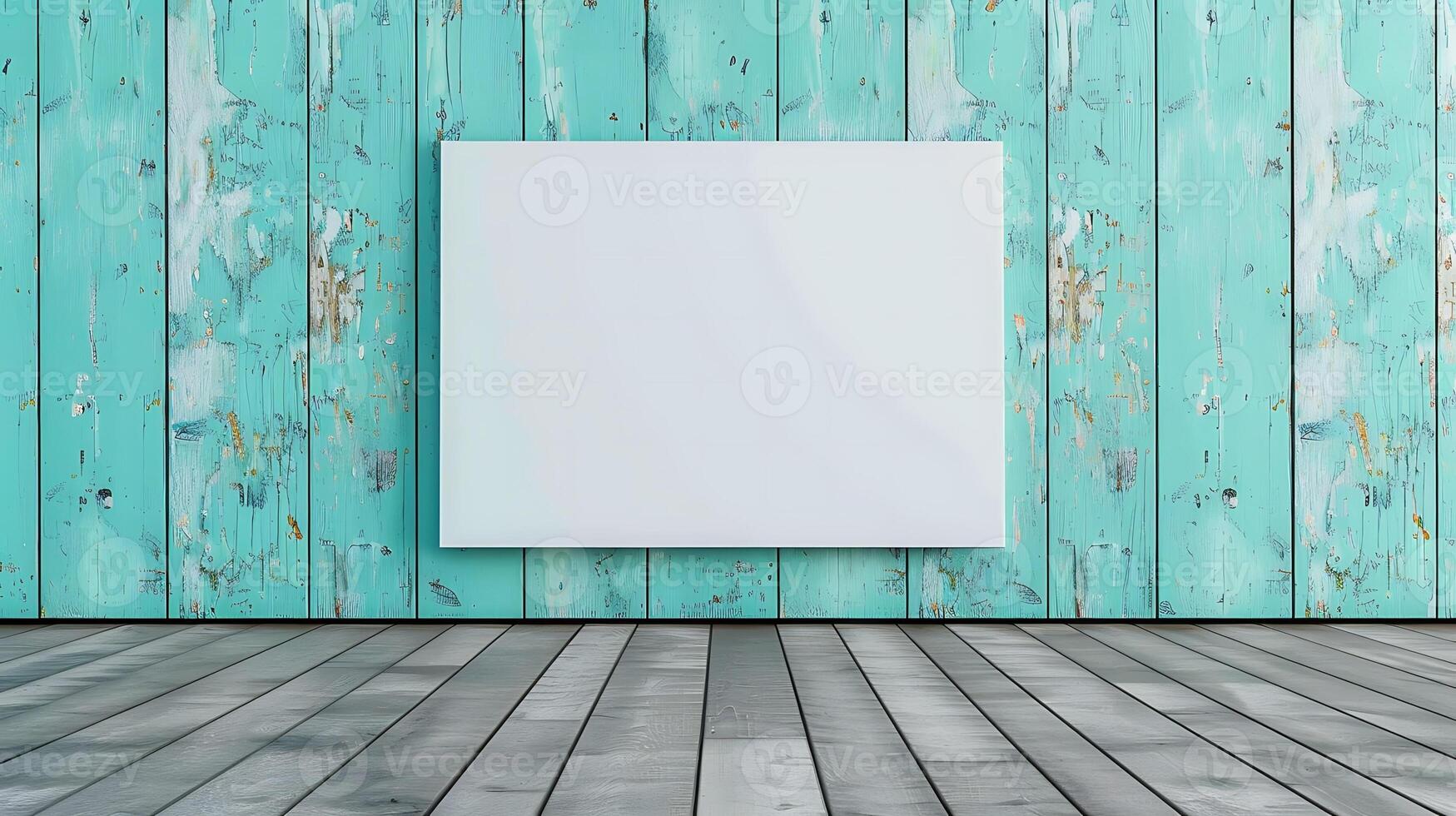 Empty canvas mockup on rustic turquoise wooden wall backdrop photo