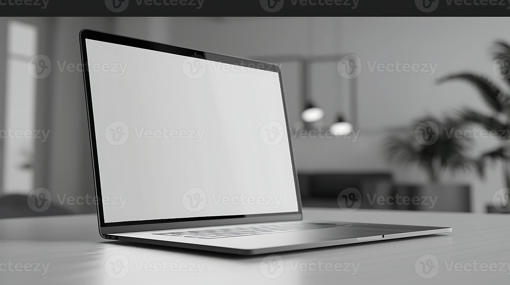 blank white screen mockup of a modern laptop on a white table in a minimalist office side photo