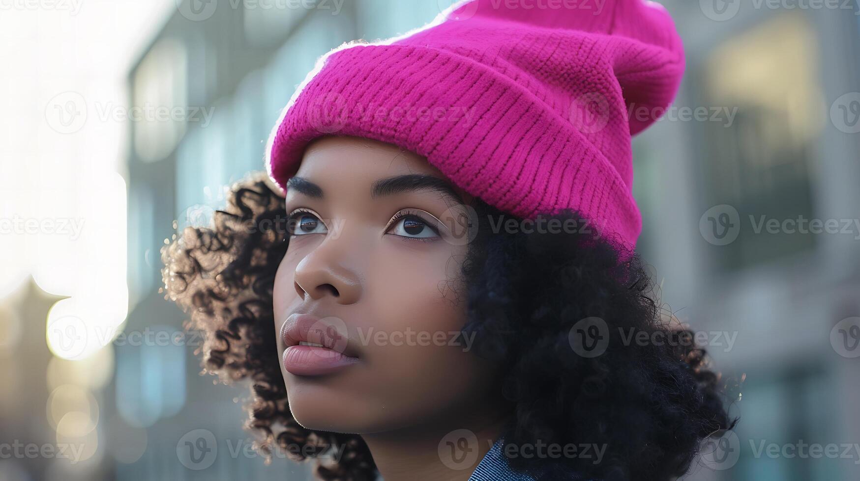 Young black skin woman with curly medium hair in pink beanie in urban setting photo