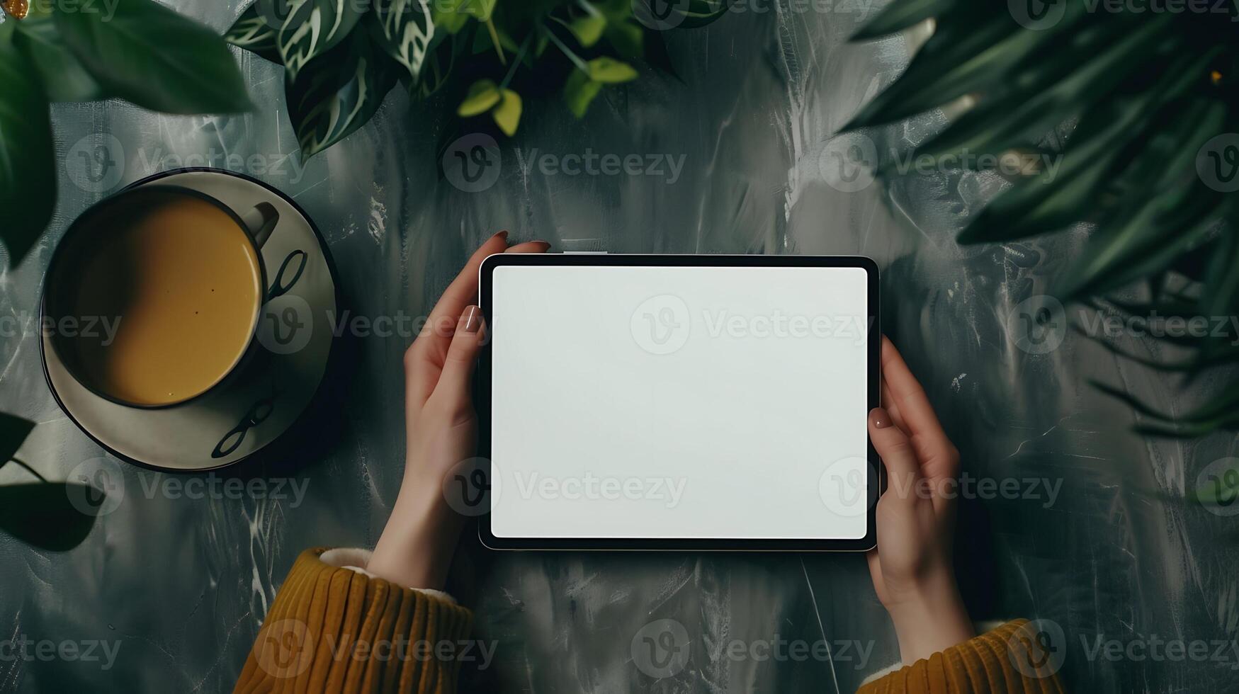 Person holding blank mockup tablet on table with coffee and plant leaves photo
