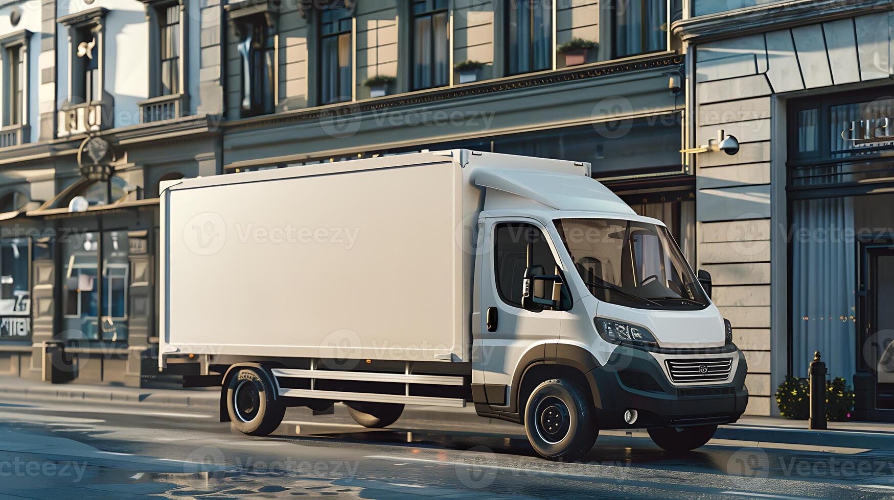 White blank advertisement mockup delivery truck on a city street with historic buildings photo