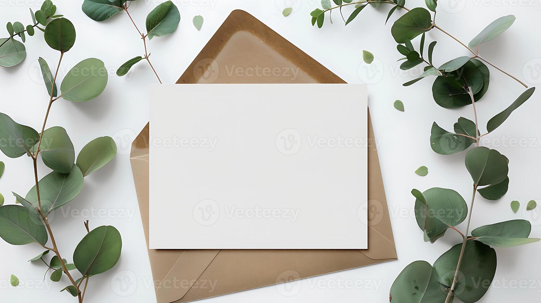 Blank card with envelope and eucalyptus leaves mockup decoration banner photo