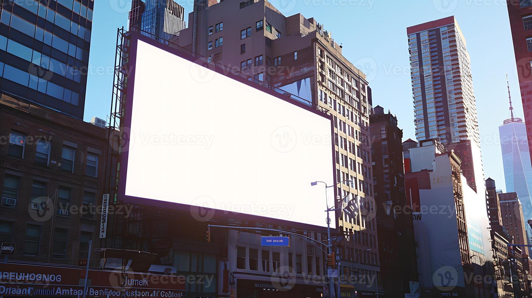 A large blank billboard mockup in an urban cityscape with tall buildings around it. photo