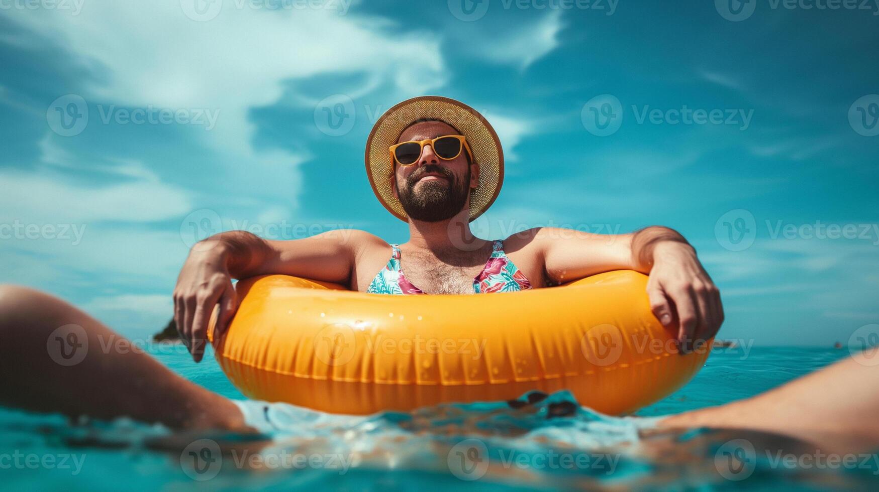 Interesting summer photo of a man with an inflatable ring