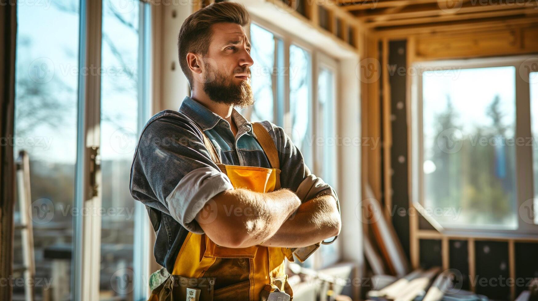 Male builder in a helmet with tools at work, photo of man constructor for Labor Day